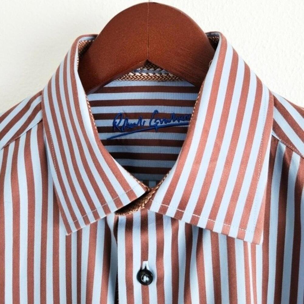 Robert Graham Shirt Twill Striped Button Up Flip Cuff Blue Brown Mens S - Picture 7 of 9
